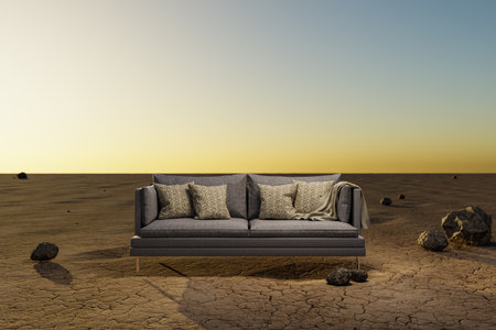 lonely living room couch in desert environment; immersion entertainment movie concept; 3D illustrationの写真素材