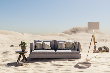 lonely living room couch in desert environment; immersion entertainment movie concept; 3D illustrationの写真素材
