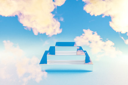 podium infinite background and smoke clouds. silver pyramid pedestal for beauty, cosmetic product presentation. copy space template, 3D Illustrationの写真素材