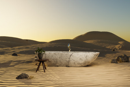 lonely freestanding bathtub in desert environment; travel hotel relaxation concept; 3D illustrationの写真素材