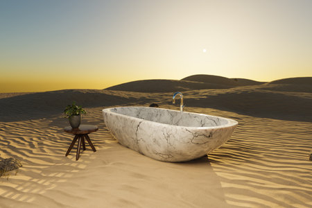 lonely freestanding bathtub in desert environment; travel hotel relaxation concept; 3D illustrationの写真素材