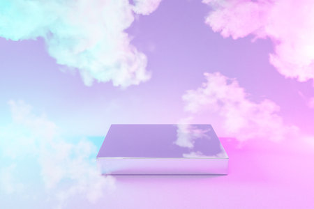 podium infinite background smoke clouds. silver metall pedestal for beauty, cosmetic product presentation. copy space template, 3D Illustrationの写真素材
