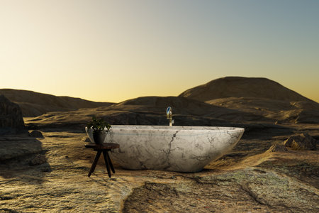 lonely freestanding bathtub in desert environment; travel hotel relaxation concept; 3D illustrationの写真素材