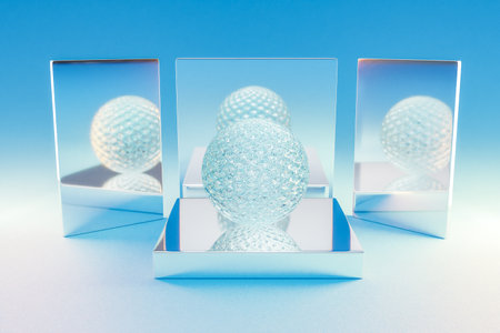 silver metal podium glas crystal sphere ball on infinite background; pedestal for beauty, cosmetic product presentation. copy space template, 3D Illustrationの写真素材