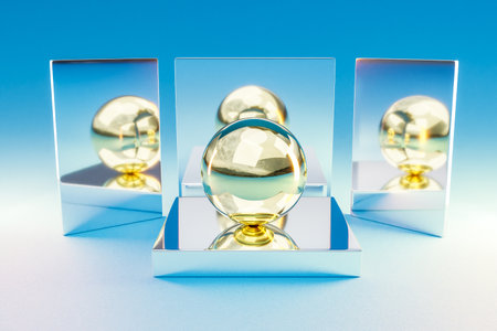 silver metal podium with golden sphere ball infinite background; pedestal for beauty, cosmetic product presentation. copy space template, 3D Illustrationの写真素材