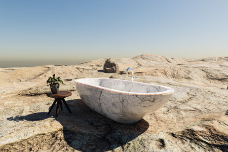lonely freestanding bathtub in desert environment; travel hotel relaxation concept; 3D illustrationの写真素材