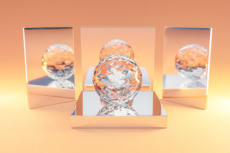 silver metal podium glas crystal sphere ball on infinite background; pedestal for beauty, cosmetic product presentation. copy space template, 3D Illustrationの写真素材