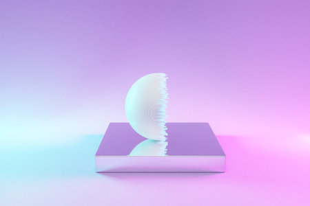 silver metal podium with half digital sphere ball on infinite background; pedestal for beauty,...