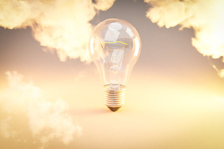retro style lightbulb with glowing filament standing on infinite background; creativity design concept; 3D Illustrationの写真素材