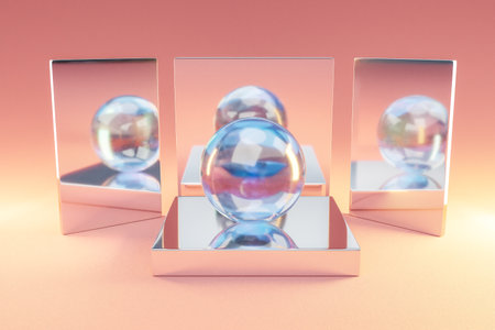 silver metal podium with glas crystal sphere ball on infinite background; pedestal for beauty, cosmetic product presentation. copy space; 3D Illustrationの写真素材