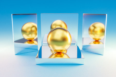 silver metal podium with golden sphere ball infinite background; pedestal for beauty, cosmetic product presentation. copy space template, 3D Illustrationの写真素材