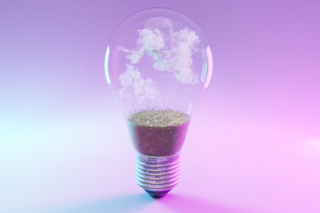 single lightbulb with soil and clouds; renewable clean energy concept; 3D Illustration