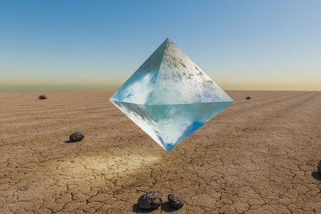 ice prism pyramid cube hovering in the air in large empty desert environment; abstract surreal concept; 3D Illustrationの写真素材