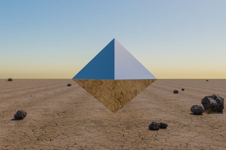 metal prism pyramid cube hovering in the air in large empty desert environment; abstract surreal concept; 3D Illustrationの写真素材