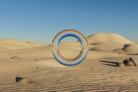 glas ring hovering in the air in large empty desert environment; abstract surreal concept; 3D...