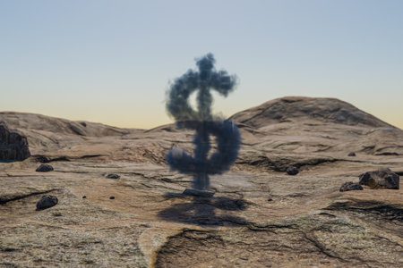 cloud dollar symbol in large desert environment with sand dunes, hills and rocks laying arround; business profit concept; 3D Illustrationの写真素材