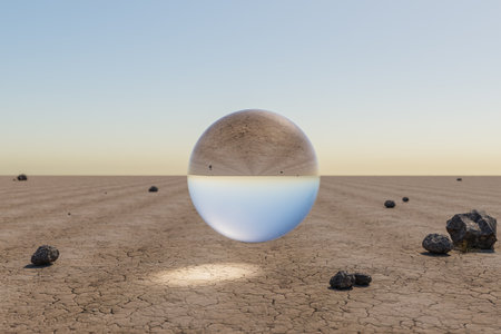 glas sphere ball hovering in the air in large empty desert environment; abstract surreal concept; 3D Illustrationの写真素材