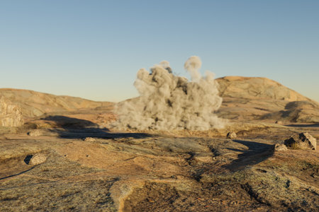 small cloud in large desert environment with sand dunes, hills and rocks laying arround; climate change heat concept; 3D Illustrationの写真素材