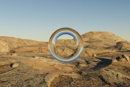 glas ring hovering in the air in large empty desert environment; abstract surreal concept; 3D Illustrationの写真素材