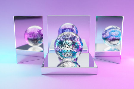 silver metal podium with glas crystal sphere ball on infinite background; pedestal for beauty,...
