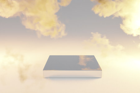 podium infinite background smoke clouds. silver metall pedestal for beauty, cosmetic product presentation. copy space template, 3D Illustrationの写真素材