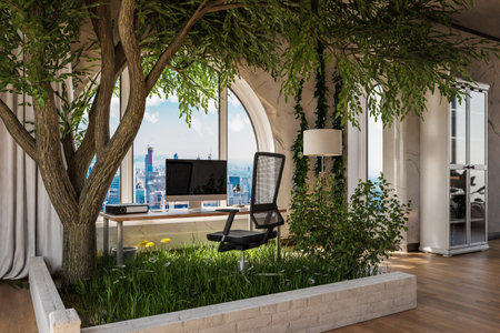 loft apartment with window in urban downtown; indoor garden with tree and gras; pc desk workspace; travel remote work concept; 3D Illustrationの写真素材