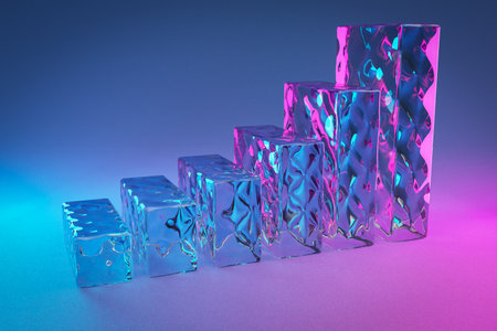 ice glas cubes stair raising graph in a row; infinite background; 3D Illustrationの写真素材