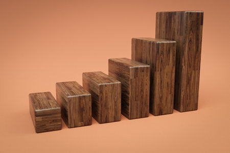 wooden cubes stair raising graph in a row; colorfull background; 3D Illustrationの写真素材