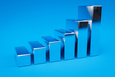 chrome metal cubes stair raising graph in a row; colorfull background; 3D Illustration