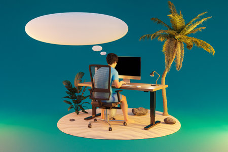 man sitting at pc office workplace in isolated tropical island environment; infinite background; workload stress concept; 3D Illustrationの写真素材