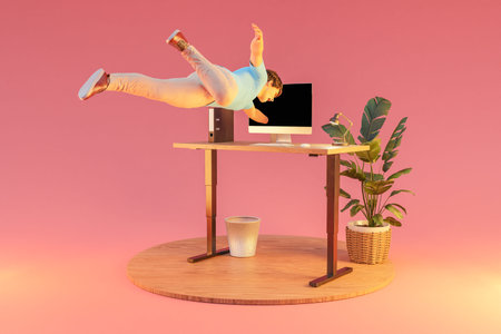 businessman floating in air gets sucked into pc display; surreal immersion and virtual reality...