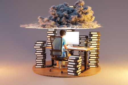 man sitting at pc office workplace on infinite background with stacks of document binders and cloud over head; workload stress burnout concept; 3D Illustrationの写真素材