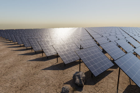 solar panel plant standing in desert environment; renewable unlimited green energy concept; 3D Illustrationの写真素材