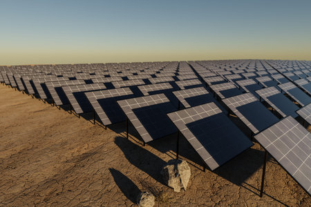 solar panel plant standing in desert environment; renewable unlimited green energy concept; 3D...