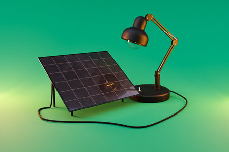 desk lamp shining light on solar panel on infinite colorful background; renewable unlimited green energy concept; 3D Illustrationの写真素材