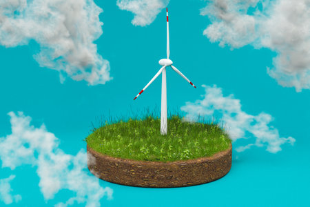 wind farm with miniature windmill on isolated grass plate infinite background;  renewable energy and climate change concept; 3D Illustrationの写真素材