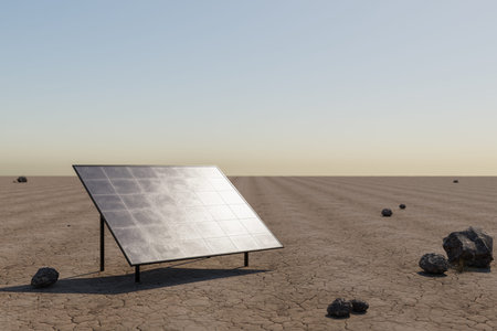 solar panel standing in desert environment; renewable unlimited green energy concept; 3D...