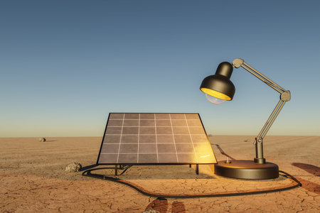 desk lamp shining light on solar panel in desert environment; renewable unlimited green energy concept; 3D Illustrationの写真素材
