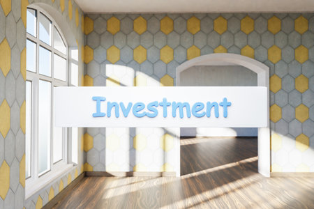 search box text floating in air standing in luxurious loft apartment with window and minimalistic interior living room design; 3D illustrationの写真素材