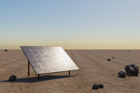 solar panel standing in desert environment; renewable unlimited green energy concept; 3D Illustrationの写真素材
