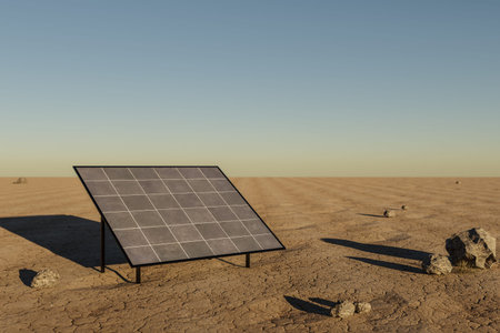 solar panel standing in desert environment; renewable unlimited green energy concept; 3D...