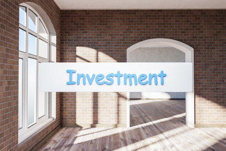 search box text floating in air standing in luxurious loft apartment with window and minimalistic interior living room design; 3D Illustrationの写真素材