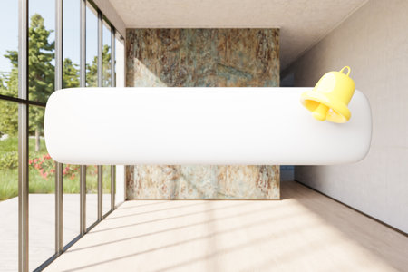 search box notification bell text floating in air in luxurious loft apartment with window and garden; minimalistic interior living room design; 3D Illustrationの写真素材