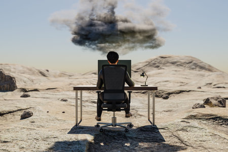 man sitting at pc office workplace in desert environment with huge stacks of document binders and...