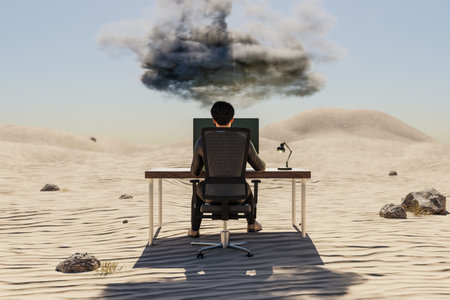 man sitting at pc office workplace in desert environment with huge stacks of document binders and...