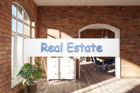real estate; search box text floating in air in luxurious loft apartment window and garden; minimalistic interior living room design; 3D Illustrationの写真素材
