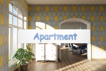 apartment; search box text floating in air in luxurious loft apartment with window and garden; minimalistic interior living room design; 3D Illustrationの写真素材