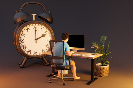 man sitting at pc office workplace on infinite background with alarm clock bell; workload stress burnout concept; 3D Illustrationの写真素材