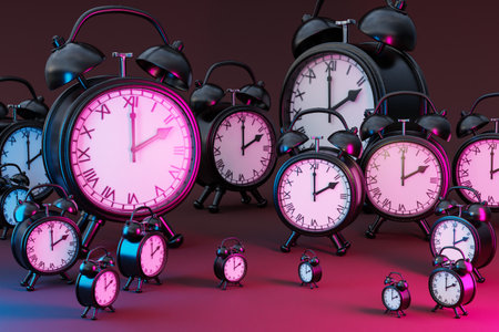 alarm clocks bell on infinite background; workload stress burnout concept; 3D Illustrationの写真素材