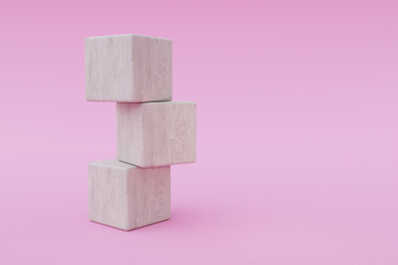 wooden stack of three cubes on infinite background; pedestal for beauty, product presentation. copy space template, 3D Illustrationの写真素材